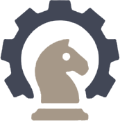 Icon of horse chess piece with gear halo.