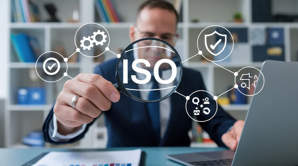 Image of a businessman sitting at a desk with his laptop and some paperwork, holding a magnifying glass. The image includes animated ISO content and icons, depicting him searching and contemplating certification.