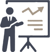 Icon of a businessman standing and pointing to a chart.