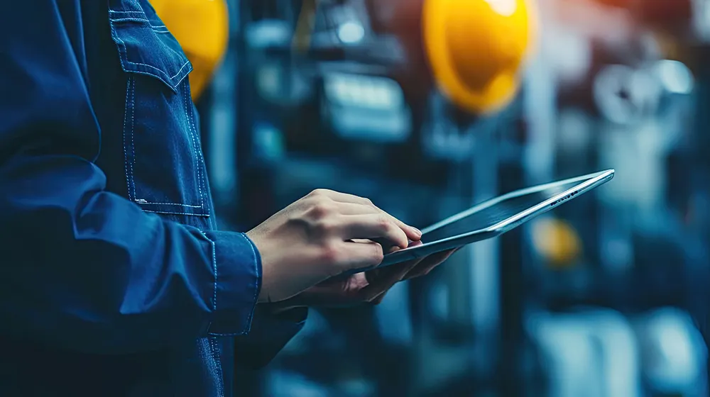 An image of an auditor in a warehouse searching for ISO certification using a tablet.