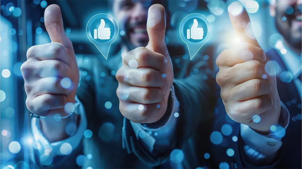 Image of three men giving a thumbs-up and smiling, with two additional thumbs-up icons.